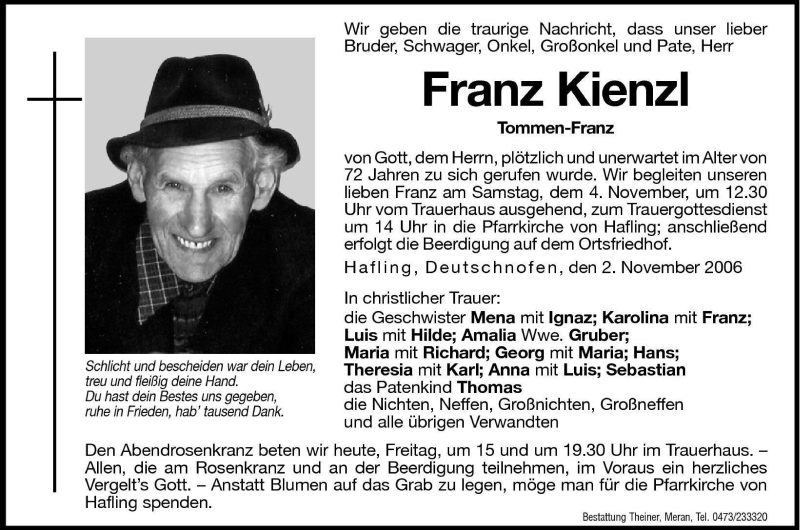  Traueranzeige für Franz Kienzl vom 03.11.2006 aus Dolomiten