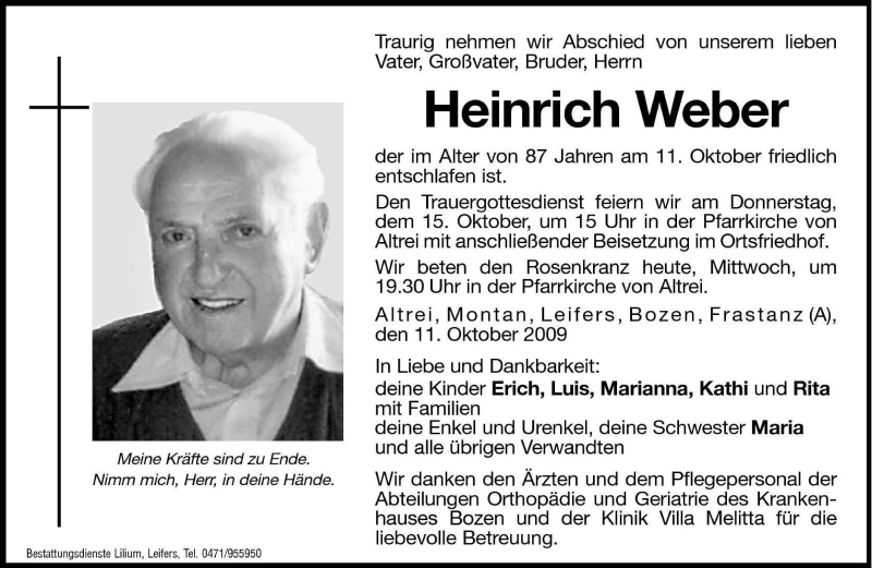  Traueranzeige für Heinrich Weber vom 14.10.2009 aus Dolomiten