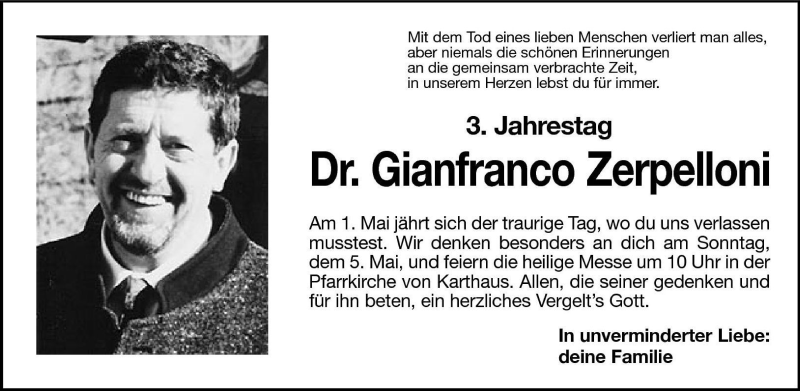  Traueranzeige für Gianfranco Zerpelloni vom 30.04.2002 aus Dolomiten