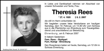 Traueranzeige von Theresia Rees von Dolomiten