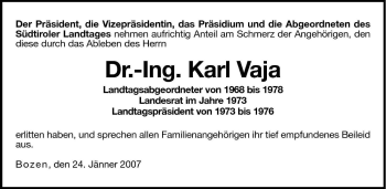 Traueranzeige von Karl Vaja von Dolomiten