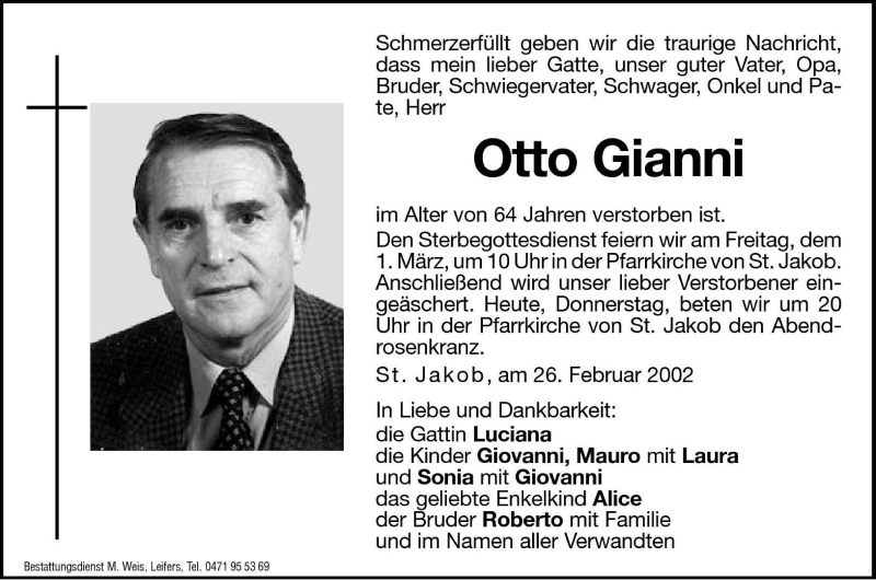  Traueranzeige für Otto Gianni vom 28.02.2002 aus Dolomiten