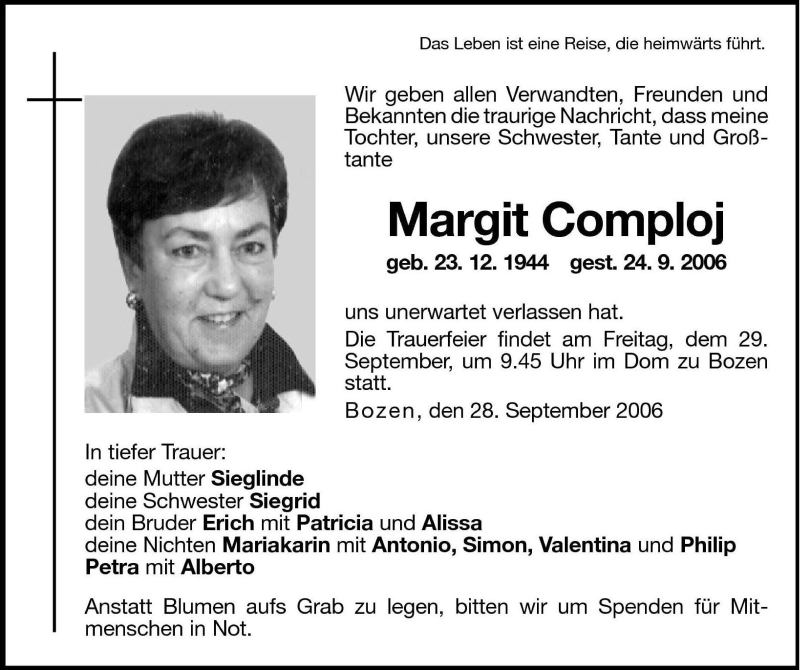  Traueranzeige für Margit Comploj vom 28.09.2006 aus Dolomiten