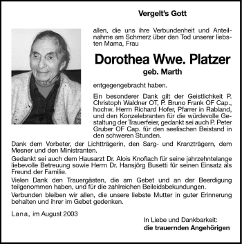 Traueranzeige von Dorothea Platzer von Dolomiten