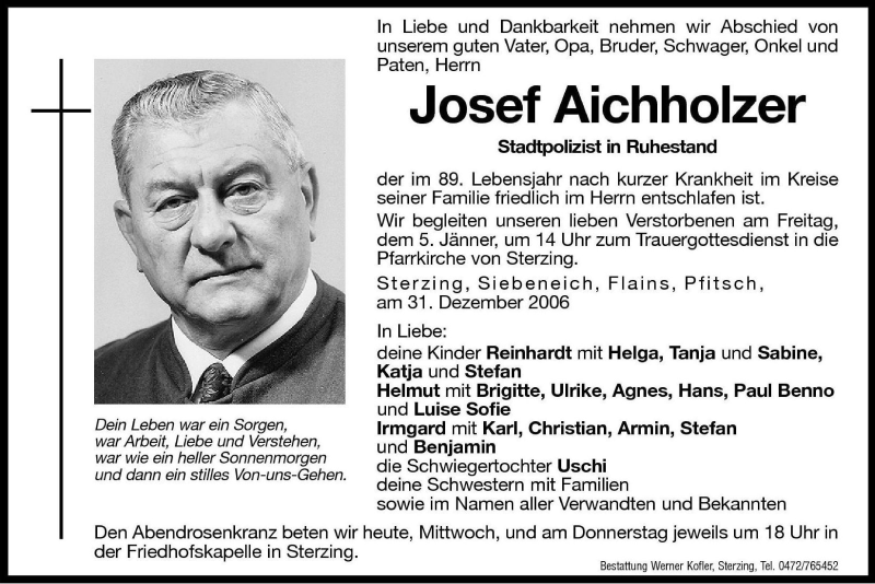  Traueranzeige für Josef Aichholzer vom 03.01.2007 aus Dolomiten