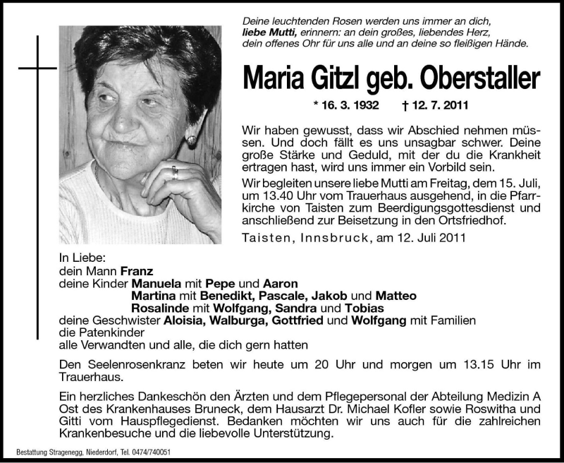  Traueranzeige für Maria Gitzl vom 14.07.2011 aus Dolomiten