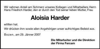 Traueranzeige von Aloisia Harder von Dolomiten