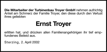 Traueranzeige von Ernst Troyer von Dolomiten