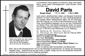 Traueranzeige von David Paris von Dolomiten