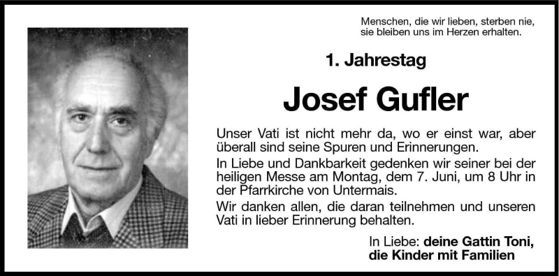 Traueranzeige für Josef Gufler vom 04.06.2004 aus Dolomiten