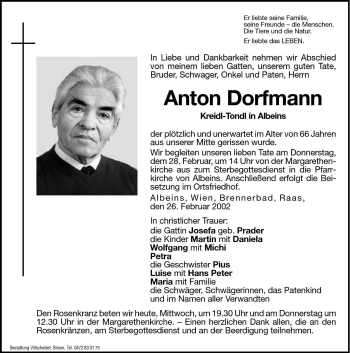 Traueranzeige von Anton Dorfmann von Dolomiten