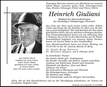 Traueranzeige von Heinrich Giuliani von Dolomiten