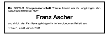 Traueranzeige von Franz Ascher von Dolomiten