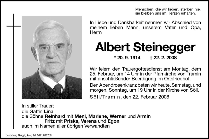  Traueranzeige für Albert Steinegger vom 23.02.2008 aus Dolomiten