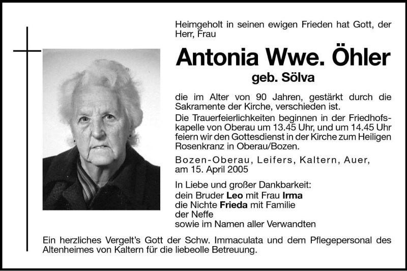  Traueranzeige für Antonia Öhler vom 18.04.2005 aus Dolomiten