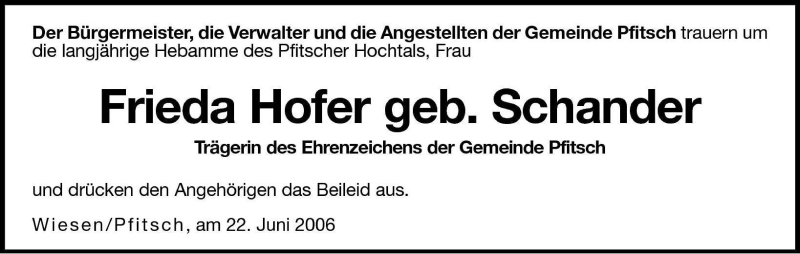  Traueranzeige für Frieda Hofer vom 23.06.2006 aus Dolomiten
