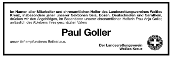 Traueranzeige von Paul Goller von Dolomiten