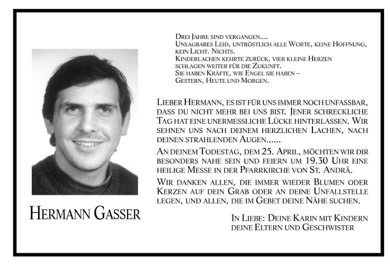  Traueranzeige für Hermann Gasser vom 21.04.2001 aus Dolomiten