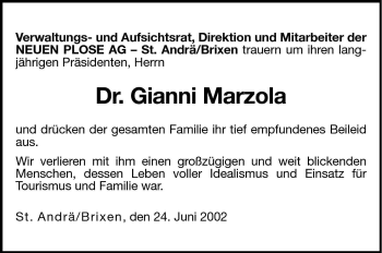 Traueranzeige von Gianni Marzola von Dolomiten