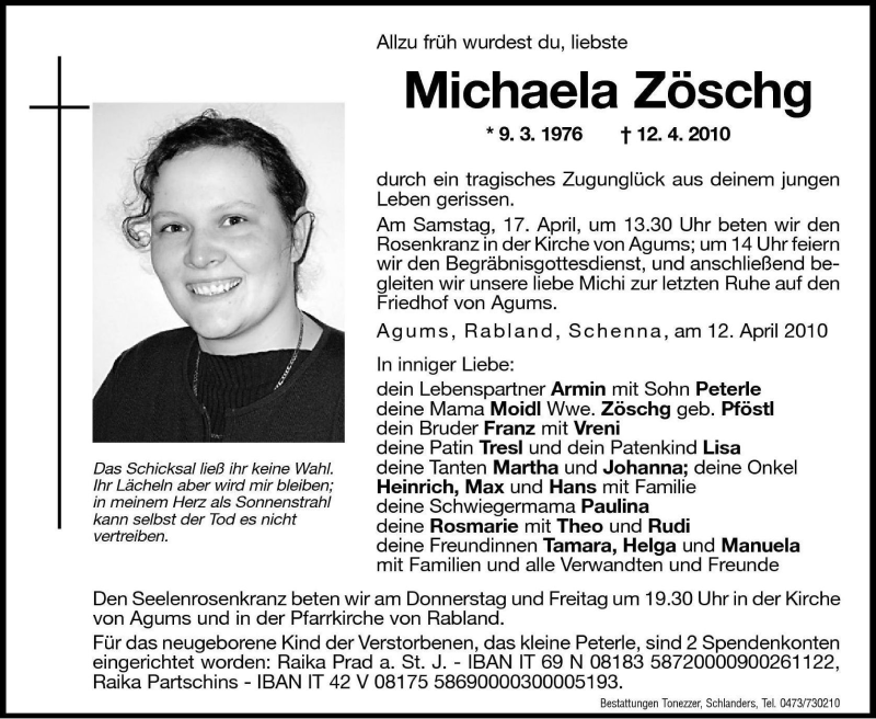  Traueranzeige für Michaela Zöschg vom 15.04.2010 aus Dolomiten