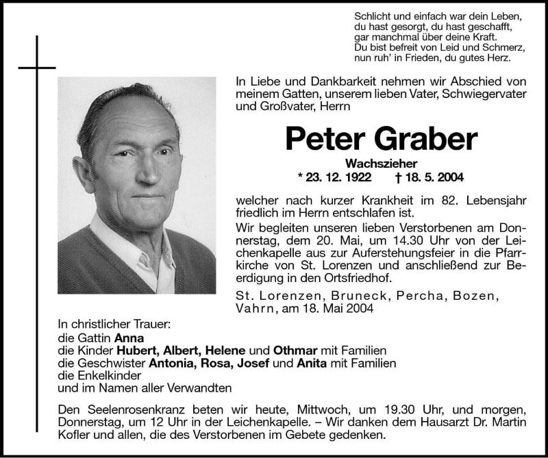  Traueranzeige für Peter Graber vom 19.05.2004 aus Dolomiten