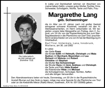 Traueranzeige von Margarethe Lang von Dolomiten