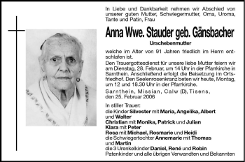 Traueranzeige von Anna Stauder von Dolomiten