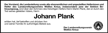 Traueranzeige von Johann Plank von Dolomiten
