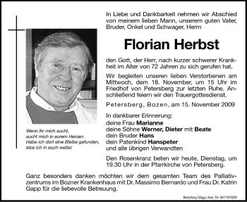 Traueranzeige von Florian Herbst von Dolomiten