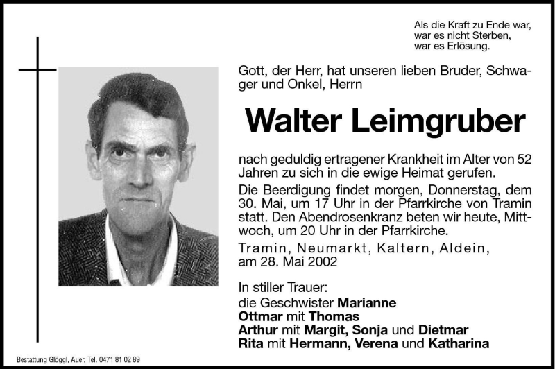  Traueranzeige für Walter Leimgruber vom 29.05.2002 aus Dolomiten