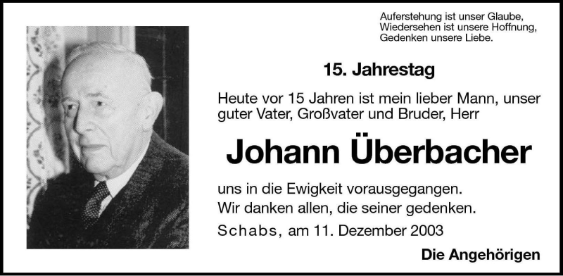  Traueranzeige für Johann Überbacher vom 11.12.2003 aus Dolomiten