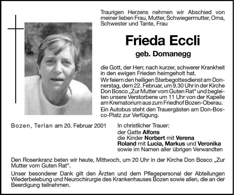  Traueranzeige für Frieda Eccli vom 21.02.2001 aus Dolomiten