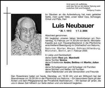 Traueranzeige von Luis Neubauer von Dolomiten