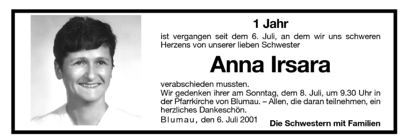  Traueranzeige für Anna Irsara vom 06.07.2001 aus Dolomiten