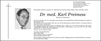 Traueranzeige von Karl Preimess von Dolomiten
