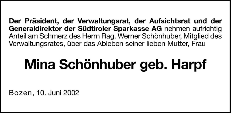  Traueranzeige für Mina Schönhuber vom 11.06.2002 aus Dolomiten