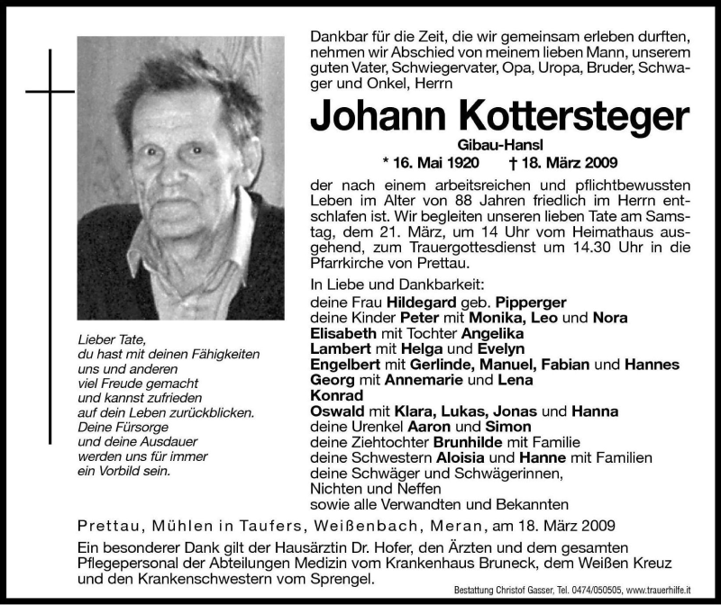  Traueranzeige für Johann Kottersteger vom 20.03.2009 aus Dolomiten