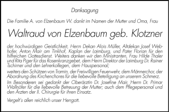 Traueranzeige von Waltraud von Elzenbaum von Dolomiten