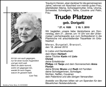 Traueranzeige von Trude Platzer von Dolomiten