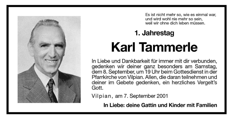  Traueranzeige für Karl Tammerle vom 07.09.2001 aus Dolomiten