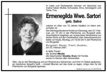 Traueranzeige von Ermenegilda Sartori von Dolomiten