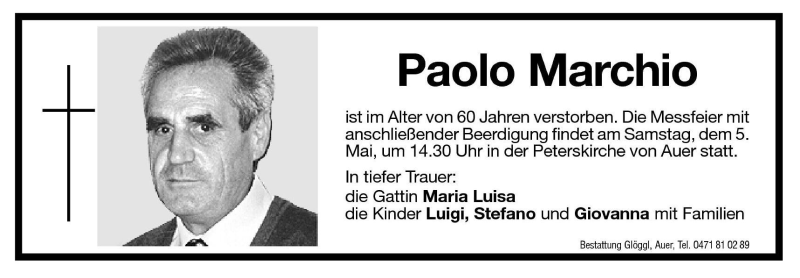 Traueranzeige für Paolo Marchio vom 04.05.2001 aus Dolomiten