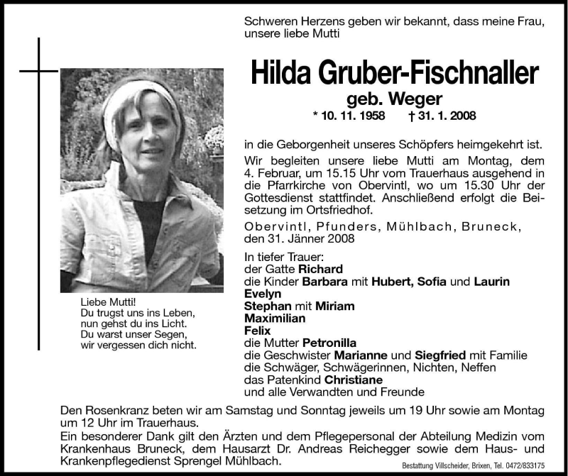  Traueranzeige für Hilda Gruber-Fischnaller vom 02.02.2008 aus Dolomiten