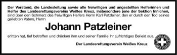 Traueranzeige von Johann Patzleiner von Dolomiten