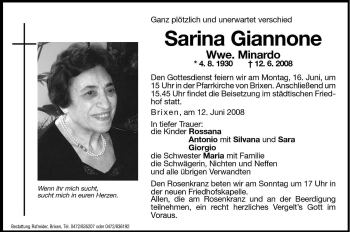 Traueranzeige von Sarina Minardo von Dolomiten