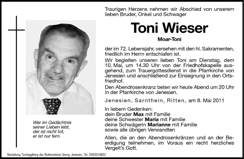  Traueranzeige für Toni Wieser vom 09.05.2011 aus Dolomiten