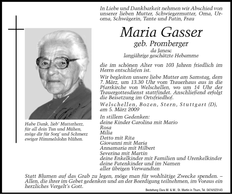  Traueranzeige für Maria Gasser vom 06.03.2009 aus Dolomiten