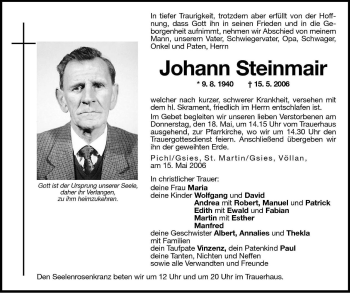 Traueranzeige von Johann Steinmair von Dolomiten
