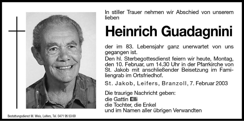  Traueranzeige für Heinrich Guadagnini vom 10.02.2003 aus Dolomiten