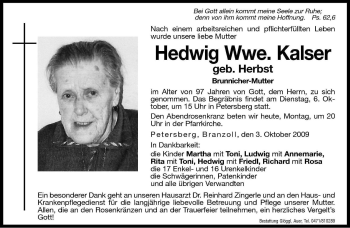 Traueranzeige von Hedwig Kalser von Dolomiten